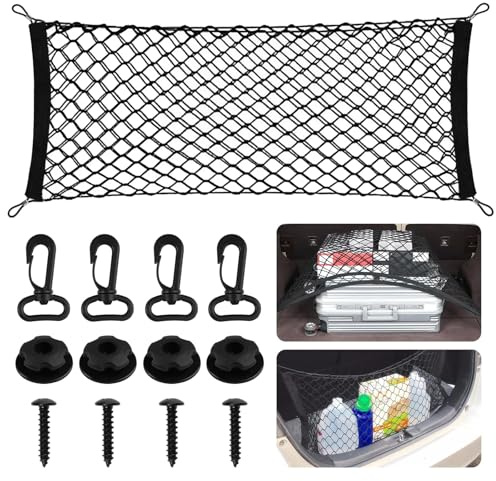 Car Cargo Net, 90 x 30 cm Nylon Super Elastic Universal Cargo Nets with 4 Hooks, 4 Screws and 4 Clips, Car Back Rear Trunk Seat Mesh Net for Most Cars, SUV, Caravans, Pickup, Trucks, Trailers, Boats