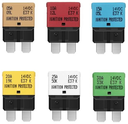 Infreecs 6 Stk Sicherungsautomat Auto Reset 14V DC, ATC ATO Low Profile Schutzschalter, 5A 10A 15A 20A 25A 30A Automatisches Leistungsschalter Zurücksetzen für Kfz Auto Wohnmobil Lkw Boot Motorrad,E37