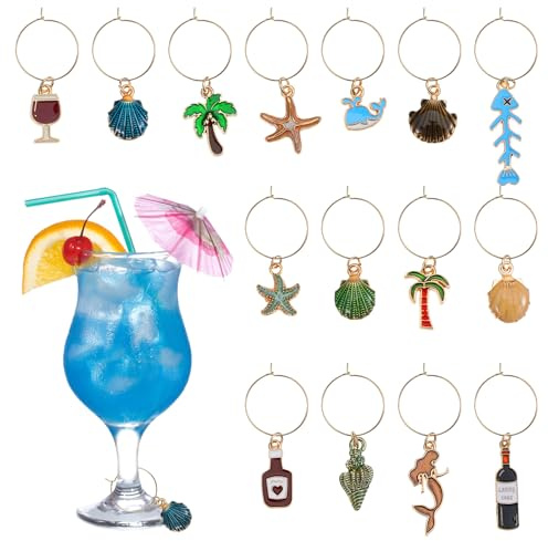 Yuanan 15Pcs Ocean Theme Wine Glass Charms, Colorful Drink Identifiers, Wine Charms for Stem Glasses, Beverage Markers for Summer & Party Decorations