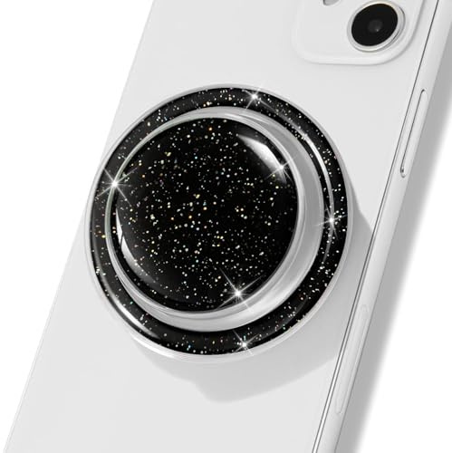 Cell Phone Accessory Compatible with Magsafe Magnetic Black Glitter and Transparent Collapsible Mobile Phone Grip Stand Holder for Smartphone