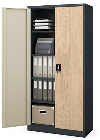 Jan Nowak Aktenschrank Büroschrank Metall, abschließbar, für 50 A4 Ordner | Ordnerschrank, Dokumentenschrank, Archivschrank, 4 verstellbare Böden je 50 kg, 3-Punkt-Schloss, Stahl 0,6 mm