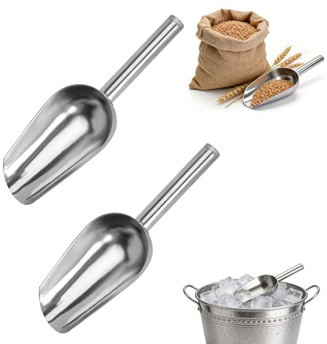 SLIAXINT 2PCS Pala para Hielo de Acero Inoxidable Set, Pala para Harina y Pienso, Pala Pequeña de Cocina Multifuncional, Cuchara para Hielo y Dulces, Uso en Cocina, Bar, Buffet y Fiestas, Plata