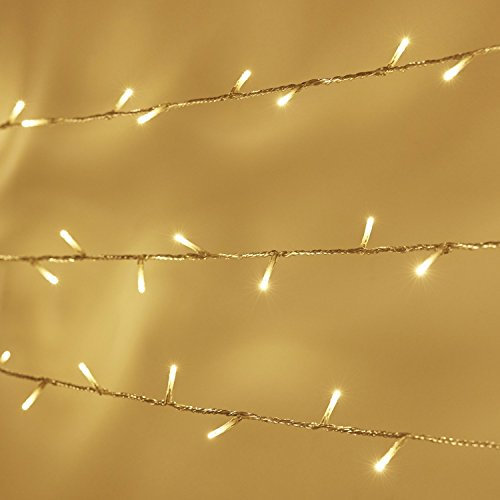 Lights4fun - Catena di Luci Prolungabile con 100 LED Bianco Caldo su 10m di Cavo Trasparente per Interni ed Esterni