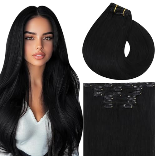 Vivien Echthaar Clip in Extensions Schwarz 50 cm Menschliches Haar Extensions Clip in Tiefschwarz Doppelter Schuss Weich 120g 7Pcs #1