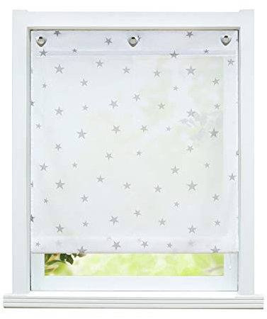 ESLIR Raffrollo ohne Bohren Raffgardinen mit Ösen Voile Gardinen Küche Transparent Ösenrollo mit Haken Sterne-Motiven Grau BxH 80x140cm 1 Stück