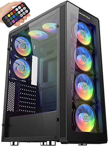 MUSETEX 8 PCS ARGB Fans ATX Mid-Tower Case with 2 × USB 3.0, Computer PC Gaming Case with Remote Control, Tempered Glass Cooling System/Airflow/Cable Management（T400-MN8）