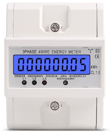 MIRTHBUY Digitaler Stromzähler mit LCD, 3-Phasen 4-Draht, Wechselstromzähler, Geeicht Stromzähler, Drehstromzähler für DIN Hutschiene Zwischenzähler Strom Geeicht 230/400V 5-80A
