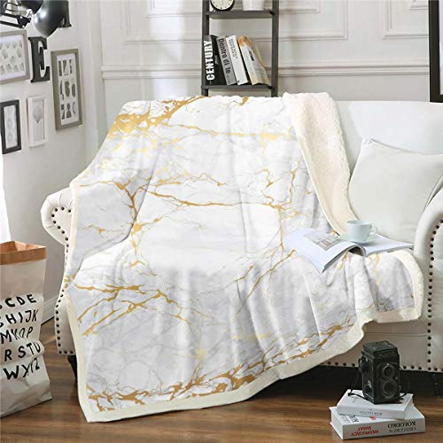 Tbrand Goldener weißer Marmor gedruckt Wohndecke Frauen Marmor Muster Kuscheldecke 130x150cm Abstrakte Kunst Flanell Fleecedecke Einfaches modernes Design Decke