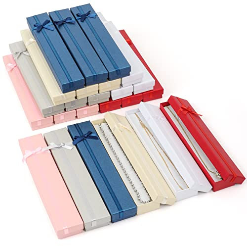 Kurtzy Confezione 24 Scatole per Gioielli per Collane - 4 x 21 cm - Scatoline Gioielli in Cartone Colori Assortiti con Fiocco e Inserto in Tessuto - Custodie per Collane per Matrimoni e Compleanni