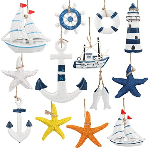 IWILCS 13 Stücke Maritime Anhänger Nautische Deko,Maritime Dekoanhänger Set,Anker Seestern Rettungsring Fisch Leuchtturm Steuerrad für Mini-Fischernetz, Wanddekorationen im Strand/Küstenmotiv
