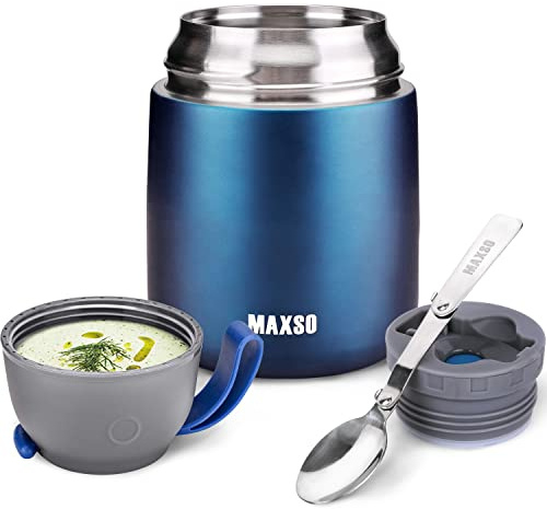 MAXSO Soup Thermo for Hot & Cold Food for Adults Kids, 17 oz Vacuum Insulated Steel Lunch Container Bento Box with Spoon, Leakproof Thermal Food Jar for School Office Travel - Dark Blue