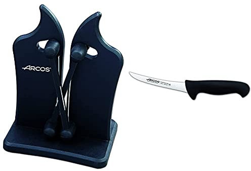 Arcos Afiladores, Afilador Profesional de Cuchillos, Hecho de ABS Color Negro + Serie 2900, Cuchillo Deshuesador Curvo, Hoja de Acero Inoxidable Nitrum de 140 mm