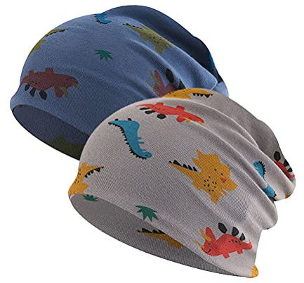 FUYAO Baby Kids Beanie Hat 2 Pack Dinosaur Printed Cotton Skull Cap Spring Autumn Winter Warm Hat for Toddler Little Boys