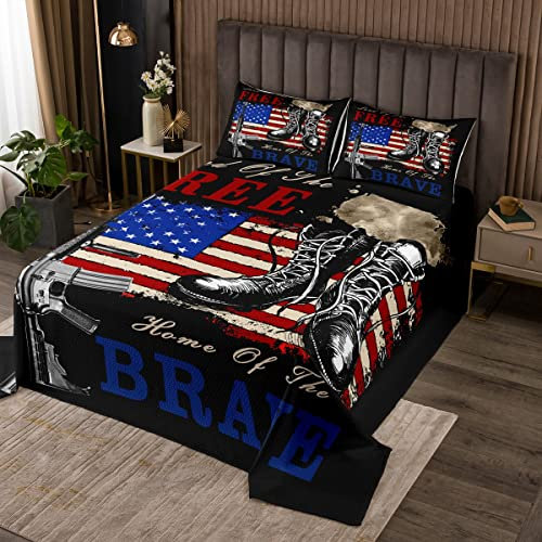 American Flag Coverlet American Soldier Warrior Gun Copriletto trapuntato per bambini Ragazzi Ragazze Adolescenti Stanza Rosso Blu Stelle Stripe Coverlet Set Army Retro Style 2Pcs Taglia Si170X230cm