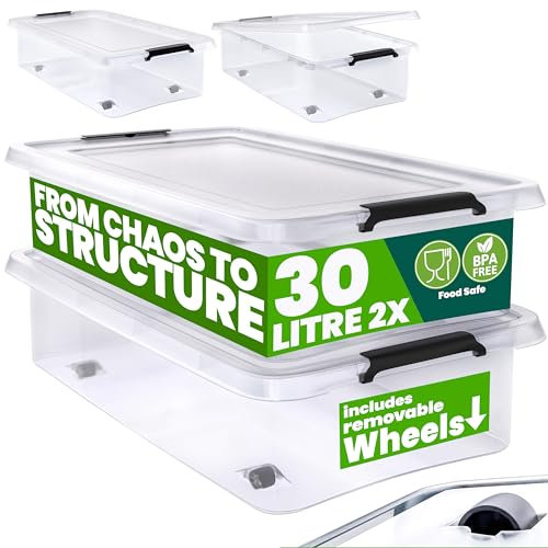 Deuba® 2X 30L Scatole in Plastica Trasparente Senza BPA Contenitori con Coperchio Impilabili Ruote Cassette Salvaspazio
