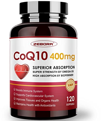 ZEBORA CoQ10-400mg-Softgels with PQQ, BioPerine & Omega-3, Coenzyme Q10(Ubiquinone) Supplement for High-Absorption, Powerful-Antioxidant, Support Heart & Energy-Production, 120 Servings