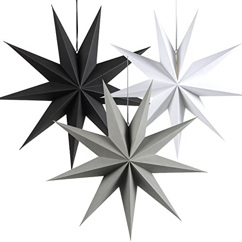 YiiiGoood 3 Stück Papiersterne 60cm Weihnachtsstern Deko zum Aufhängen Papier Sterne Weihnachtsdeko Fenster innen Skandinavische Dekoration Weihnachten (Schwarz Grau Weiß)