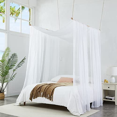 Warm Home Designs Set of 2 White & White Canopy Bed Curtains in 55 x 144 Inch Size. 2 Twin Bed Canopy Curtains Can Be Turned Into Kids Bed Tent or Bed Canopy for Girls. BE White & White 144