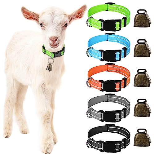 Mfsdai 5 Stück Reflektierend Ziegen Halsbänder mit Glöckchen, Verstellbare Nylon Schaf Halsbänder,auf der Weide Kuhglocken für Kleine Nutztiere Ziege Schaf und Kuh mit Anti-Verlust-Halsband