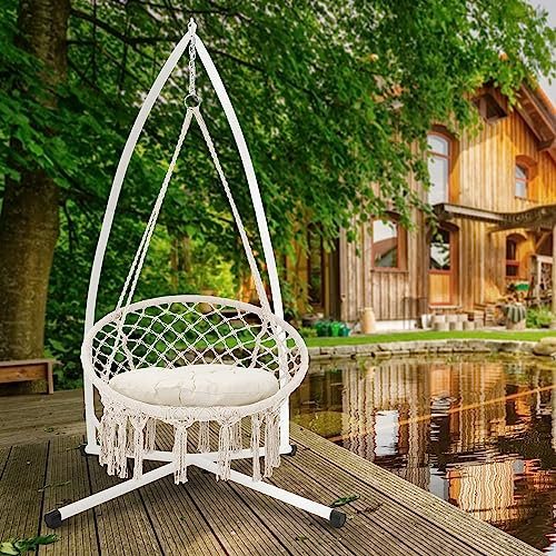 ECD Germany Hängesessel Beige mit Gestell Weiß 208 cm, Hängestuhl mit Makramee, Geflochten Fransen Hängeschaukel Baumwolle Ø80cm, Freistehendes Metall Hängesesselgestell Hängestuhlgestell Hängesitz
