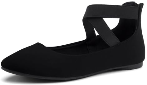 Shoe Land Women's Flats – Dressy & Casual Almond Toe Flat Shoes with Elastic Ankle Strap, Comfortable Slip-On Ballet Flats for Work, Office & Special Occasions, 3326BlackNubuck, Size 8.0, SL-Malory