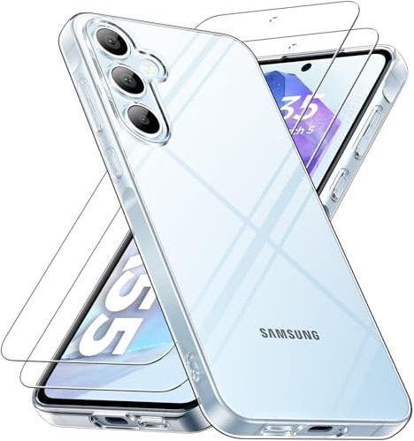 caslord Hülle für Samsung Galaxy A55 5G, 1 Handyhülle mit 2 Stück Hartglas, Weiche TPU Transparent Stoßfest Schutzhülle Durchsichtige Kratzfest Handyhülle Case Cover