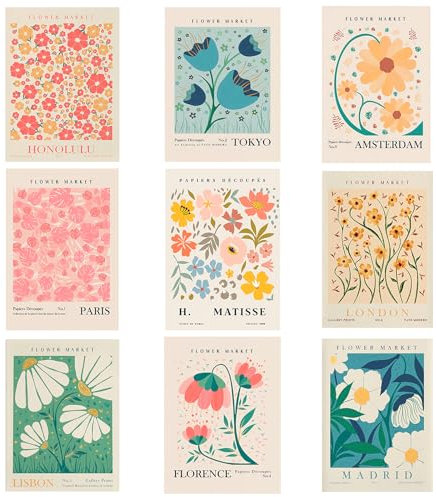 Zfseyuh 9 Pièces Affiches Florales, Affiche Vintage Decoration Murale,Posters Art Aesthetic,pour Déco Chambre Salon 20 * 25cm