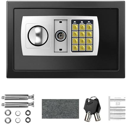 Tresor mit 2 Schlüssel und Elektronikschloss Wandtresor Feuerfest Wasserdicht Elektronischer Safe Eisenstahl Safe Schranktresor für Geschäft Bargeld/Geld/Schmuck/Wertsachen 8.5L Schwarz