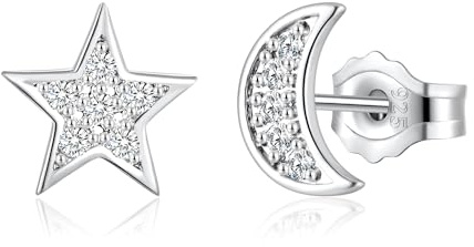 Deyanse Orecchini da donna, in argento Sterling 925, a forma di stella, a forma di luna, a forma di cuore, ipoallergenici, piatti, con zirconi, piccoli 8 mm, con scatola regalo, 8 mm, Zirconia cubica