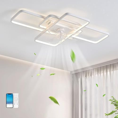 Bellastein LED Deckenventilator Mit Beleuchtung, Modern LED Deckenleuchte Mit Ventilator, Leise mit Fernbedienung und APP Dimmbare Lampe mit Ventilator für Esszimmer Schlafzimmer Licht (Weiß, L103cm)