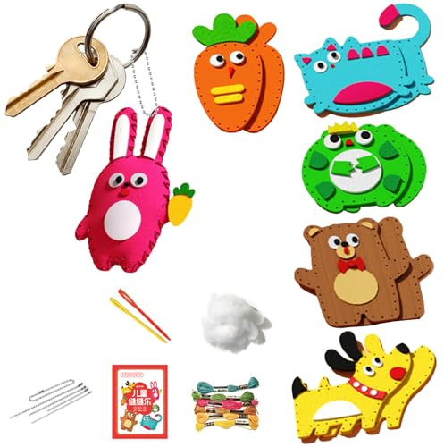 Lueear Kinder Handwerk Nähen Spaß Tier Nähen Bastelset Puppe Nähen Spielzeug Nähset 6 Tierpuppen Schlüsselanhänger Anhänger Einfaches Nähset Kinder Bastel- und Nähset