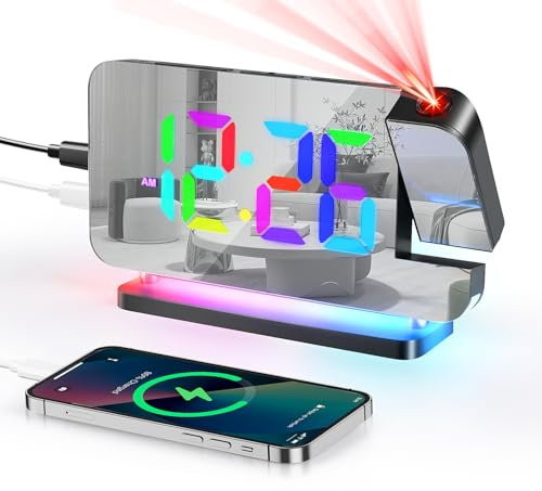 Euakee Reloj Despertador Digital con Proyección, Reloj con Espejo LED de 7,4″, Luz Nocturna de 10 Colores, Proyector Giratorio 180º, Cargador USB-C, para Dormitorio Infantil Niñas Niños (Negro)