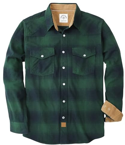 Dubinik® 6 oz Camicia Uomo Flanella Camicia Pile Cotone Western Cowboy Bottone di Perla Manica Lunga Pesante Quadri Vintage Verde Scuro M
