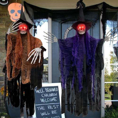 NEMMXUB 2 Stück Geist zum Aufhängen, Halloween, 105 x 80 cm, Sensenmann-Geister-Motiv, mit leuchtenden Augen, Sensenmann zum Aufhängen, für Halloween, zum Aufhängen, Skelett-Dekoration, gruselige