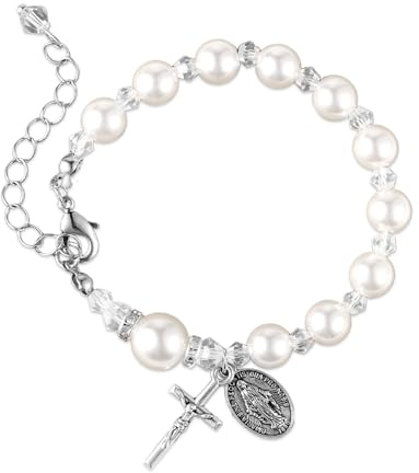 Mikovivi First Communion Bracelets for Girls, Catholic Rosary Cross Pearl Bracelet Christian 1st Holy Communion Gifts for Daughter Niece Granddaughter Easter Baptism Gift