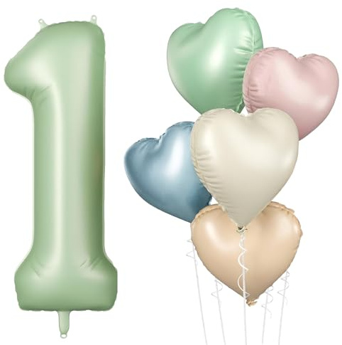 DazzJoy Luftballon 1. Geburtstag Grün, 32 Zoll Salbeigrün Luftballons Zahlen 1, Geburtstagsdeko 1 Jahr Junge Mädchen, Herz Ballon 1 Geburtstag Junge Mädchen Deko