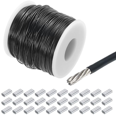 QUARKZMAN 100M x 1mm (328Ft x 3/64) Metallisk Vajerkabel 304 Rostfritt Stål, Spännare Dragstång Med 30 Stycken Aluminiumhylsor För Hängning av Torkställning och Lyftning, Svart