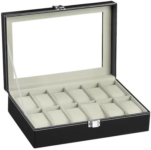 RDDAIPE Uhrenbox mit 12 Fächern, Uhrenkasten mit Glasdeckel, Watch Box,Uhren Aufbewahrungsbox mit Uhrenkissen,PU Leder und Samt Innenfutter,Uhrenbox Herren Damen,für Geburtstag, Grau
