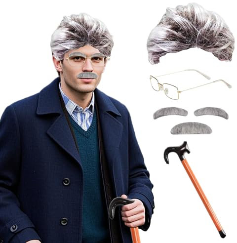 6 Stück Opa Kostüm Set, Opa Perücke Grau, Schnauzbart Augenbrauen Brille Aufblasbarer Spazierstock , Alter Mann Kostümzubehör für Karneval Halloween Cosplay Party