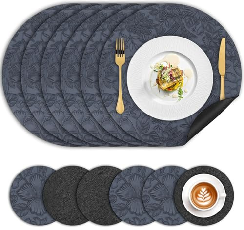 Platzsets Abwaschbar 6er Set, Blumen Platzset Rund 34cm Doppelseitig rutschfest Tischsets Leder und Untersetzer, Kunstleder Platzdeckchen Abwischbar Lederoptik Tischset für Küche Esstisch,Blau Schwarz