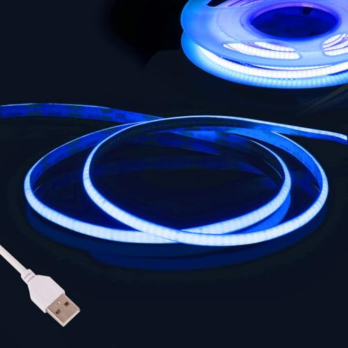 Fosingut Blau COB LED Streifen 3m, 5V USB LED Strip 2.7mm,CRI 90+ 480 LEDs/m Lichtleiste Lichterkette LED Band Selbstklebend Stripes für Küche,TV LED Hintergrundbeleuchtung,Spiegel,PC,Schlafzimmer