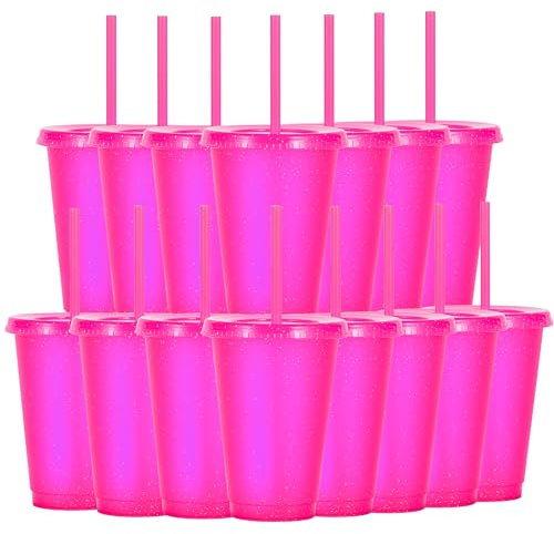 Yisituo Lot de 15 gobelets réutilisables en plastique de 480 ml avec couvercle et paille pour boissons froides, café glacé, voyage et smoothies (rose pailleté)
