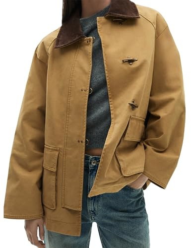 Lumister Womens Oversized Barn Jacket Contrasting Lapel Collar Retro Button Down Casual Canvas Coat Outwear, Khaki, L