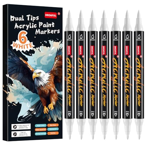 Weiß Acrylstifte für Steine Wasserfest, 6 Acrylstifte Spülmaschinenfest Bemalen für Steinen, Porzellan, Glas, Leinwand, Keramik, Holz, Metall, Kunststoff, Schnelltrocknend, Ungiftig und Geruchsneutra