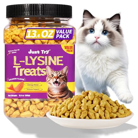 Just Try 13.4 OZ Lysine Cat Treats Natural Salmon Flavor Healthy Cat Training Biscuits Snacks Lysine Dental Care Treats for Cats & Kittens