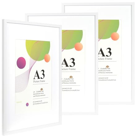 Scholartree Weiß A3 Bilderrahmen, 29,7 x 42 cm, mit Wandbehang, mit Passepartout in A4, 3 Pack