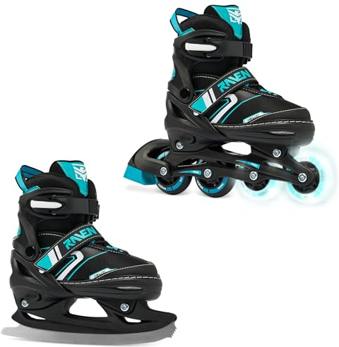 RAVEN 2in1 Pattini da ghiaccio Pattini in linea Inline Skates per bambini e adulti regolabili (Helixi Black/Mint, 30-33(18cm-20cm))