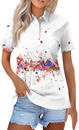 Generisch Poloshirt Damen Kurzarm Sportshirt mit Print Sommer Top aus leichtem Funktionsmaterial