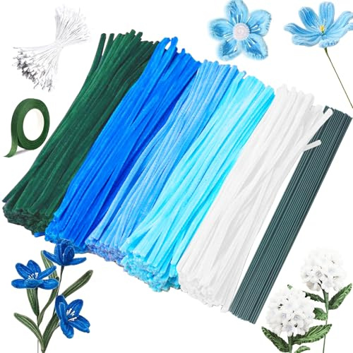 Barlone Pfeifenreiniger Blumen Set, 5 Farben Pfeifenputzer zum Basteln Blumen für Blumenstrauß DIY Basteln, 250 Stück Pipe Cleaner Flower Set mit 1 Klebeband, 15 Blumendraht, 100 Staubgefäß