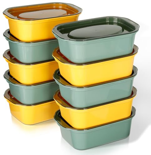 Cozary 10Pcs Contenitori Ermetici per Alimenti, 500ML Scatole Rettangolari in Plastica con Coperchio, Adatti per Frigorifero, Microonde e Lavastoviglie, per Scuola, Lavoro e Viaggi (5 Gialli+5 Verdi)